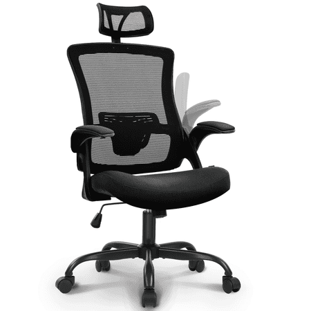 CELTOSS Ergonomic Office Chair, High Back Flip-Up Armrests Design, Adjustable Mesh Headrest and Lumbar Support, Steel Base, Black