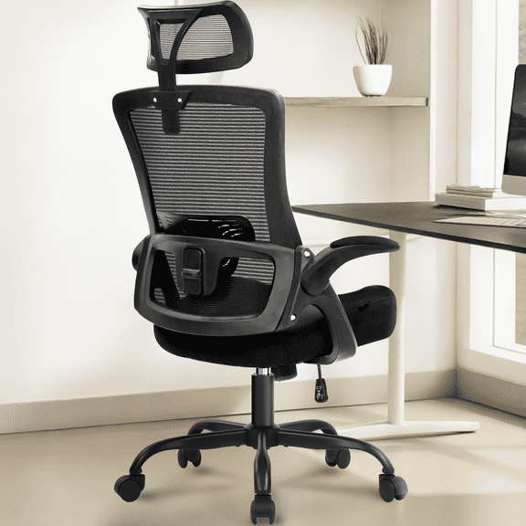 CELTOSS Ergonomic Office Chair, High Back Flip-Up Armrests Design, Adjustable Mesh Headrest and Lumbar Support, Steel Base, Black