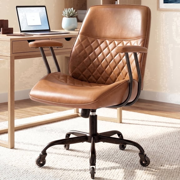 CELTOSS Executive Office Chair, Mid-Century Modern Ergonomic Mid Back Computer Desk Chair with Lumbar Support, PU Leather, Adjustable Height & Swivel for Home Office, Brown