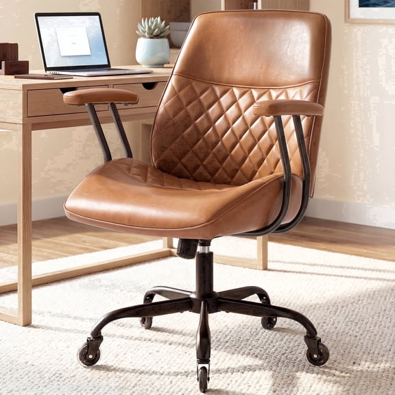 CELTOSS Executive Office Chair, Mid-Century Modern Ergonomic Mid Back Computer Desk Chair with Lumbar Support, PU Leather, Adjustable Height & Swivel for Home Office, Brown