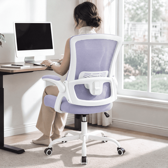 CELTOSS Ergonomic Office Chair, Wide Seat with Flip-Up Armrests, Lumbar Support, Adjustable Height, Comfy Home Task Computer Chair, Steel Base, Purple