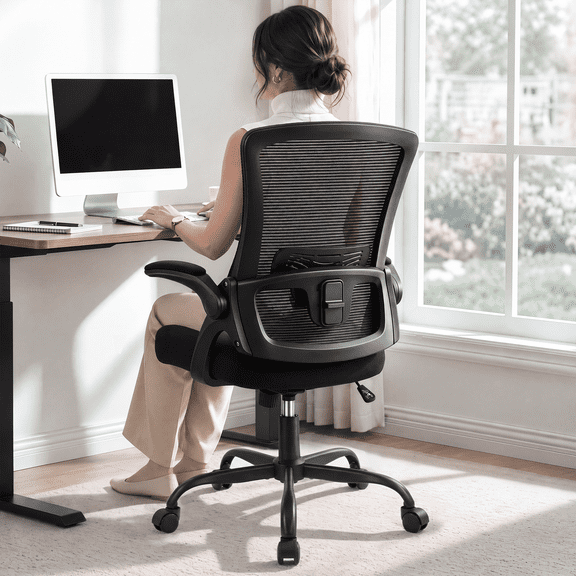 CELTOSS Ergonomic Office Chair, Wide Seat with Flip-Up Armrests, Lumbar Support, Adjustable Height, Comfy Home Task Computer Chair, Steel Base, Black