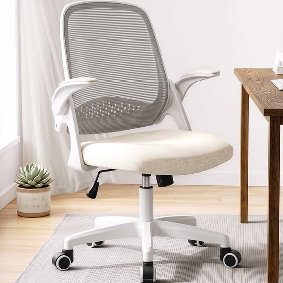 CELTOSS Ergonomic Office Chair, Mid Back Mesh Computer Desk Chair, Flip-Up Arms, Adjustable Lumbar Support for Home Office, Ivory