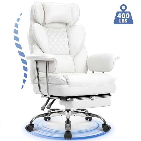 CELTOSS Executive Office Chair 400LBS, High Back Computer Chair with Arms and Footrest, Ergonomic Desk Chair with Lumbar Support, 90–135° Reclining Office Chairs for Home Work, White