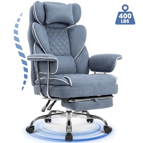 CELTOSS Executive Office Chair 400LBS, High Back Computer Chair with Arms and Footrest, Ergonomic Desk Chair with Lumbar Support, 90–135° Reclining Office Chairs for Home Work, Fabric Blue