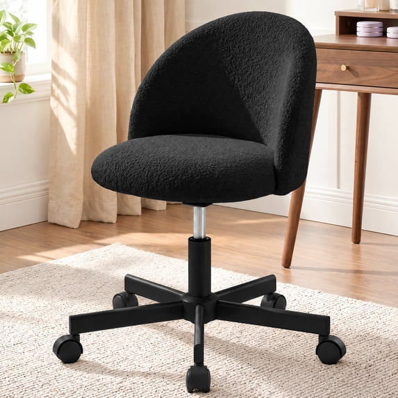 CELTOSS Home Office Desk Chair, Cute Teddy Fabric Swivel Vanity Stool, Mid Back Adjustable Armless Task Chair with Wheels, Black