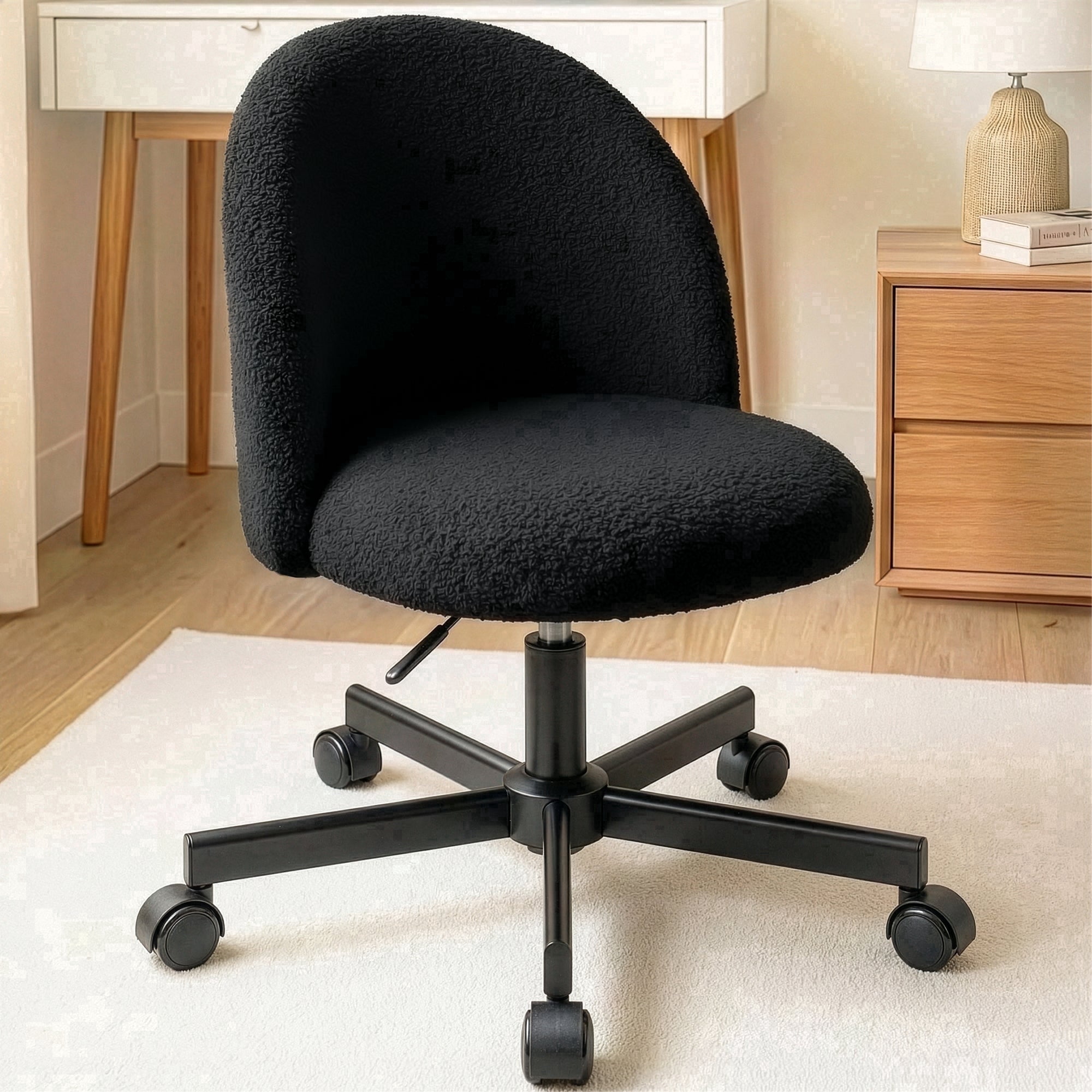 CELTOSS Home Office Desk Chair, Cute Teddy Fabric Swivel Vanity Stool, Mid Back Adjustable Armless Task Chair with Wheels, Black