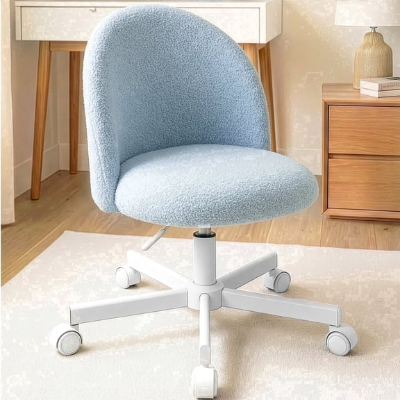 CELTOSS Home Office Desk Chair, Cute Teddy Fabric Swivel Vanity Stool, Mid Back Adjustable Armless Task Chair with Wheels, Blue
