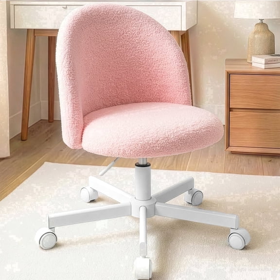 CELTOSS Home Office Desk Chair, Cute Teddy Fabric Swivel Vanity Stool, Mid Back Adjustable Armless Task Chair with Wheels, Pink