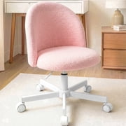 CELTOSS Home Office Desk Chair, Cute Teddy Fabric Swivel Vanity Stool, Mid Back Adjustable Armless Task Chair with Wheels, Pink