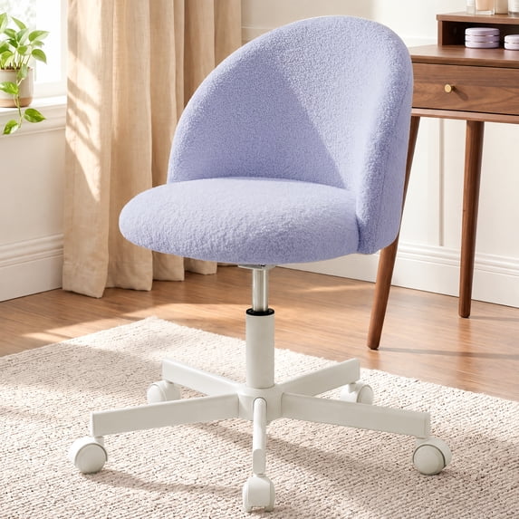 CELTOSS Home Office Desk Chair, Cute Teddy Fabric Swivel Vanity Stool, Mid Back Adjustable Armless Task Chair with Wheels, Purple