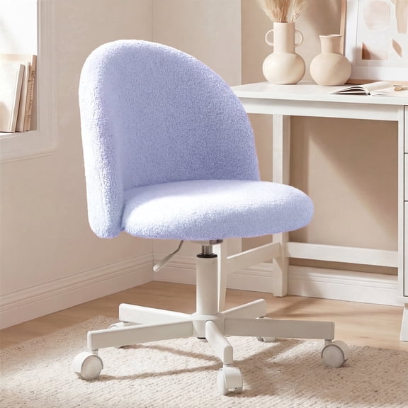 CELTOSS Home Office Desk Chair, Cute Teddy Fabric Swivel Vanity Stool, Mid Back Adjustable Armless Task Chair with Wheels, Purple