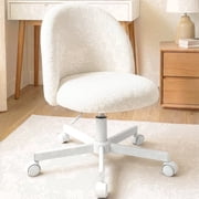 CELTOSS Home Office Desk Chair, Cute Teddy Fabric Swivel Vanity Stool, Mid Back Adjustable Armless Task Chair with Wheels, White