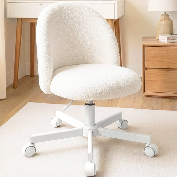 CELTOSS Home Office Desk Chair, Cute Teddy Fabric Swivel Vanity Stool, Mid Back Adjustable Armless Task Chair with Wheels, White