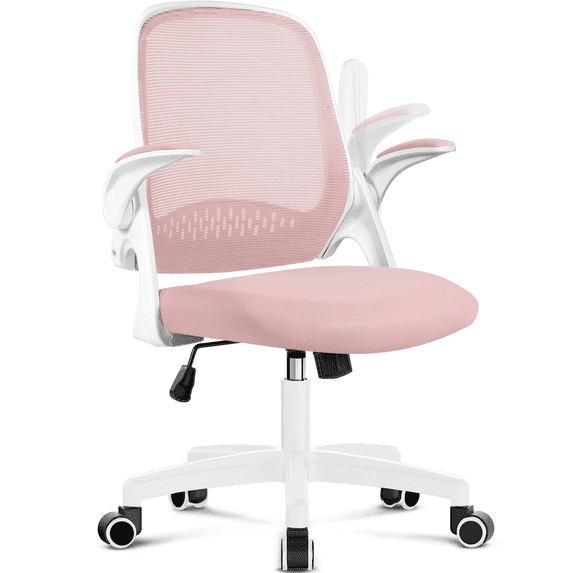 CELTOSS Pink Office Chair, Flip-Up Arms, Adjustable Lumbar Support, Pink