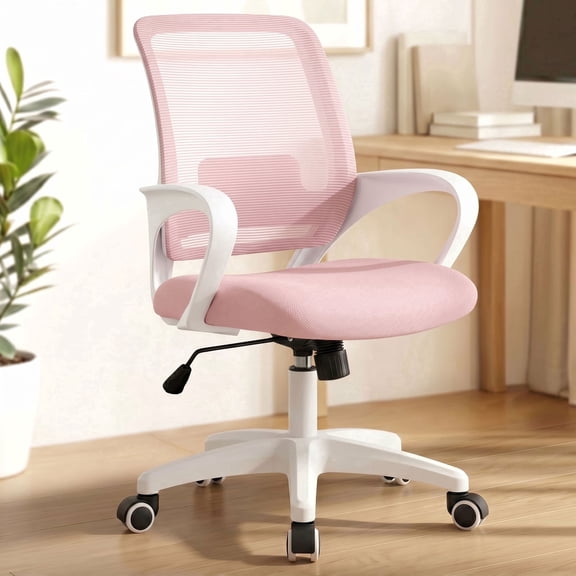 CELTOSS Ergonomic Home Office Chair, Mid Back Lumbar Support Desk Chair, Adjustable Height with Armrests for Adults, Pink