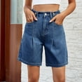 thumbnail image 1 of CENGNIAN Bermuda Jorts Baggy Jean Shorts - Casual Loose Fit Wide Leg Knee Length Denim Shorts with Elastic Waist Fashion Solid Pocket Jeans Dark Blue,Size M, 1 of 9