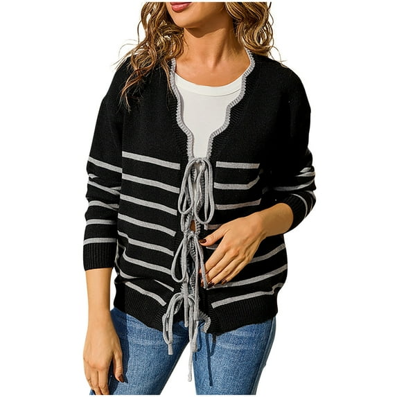CENGNIAN No Boundarie Women's Color Block Tie up Sweater,Womens Lightweight Petal collar Knit Outwear,Long-Sleeve Open Front Coat For Ladies,*Black,Size S