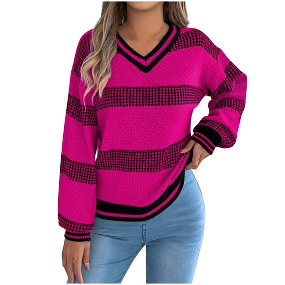 CENGNIAN No Boundarie Women's Crew Neck Long Sleeve Color Block Pullover,Womens Lightweight Oversized Sweater,Rib Knit Blouse Tops For Women,*2-Hot Pink,Size XL