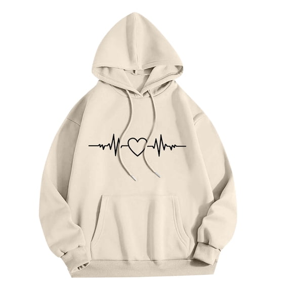 CENGNIAN No Boundarie Women's Long Sleeve Drawstring Hoodies With Drawstring,Womens Heart Print Sweatshirts Tops,Solid Color Pullover Sweatshirt Fashion For Ladies,*Beige,Size S