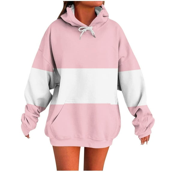 CENGNIAN No Boundarie Women's Long Sleeve Hoodies with Pocket,Womens Color Block Drawstring Sweatshirt,All Genders Plus Size Solid Tops Pullover,*Pink,Size M