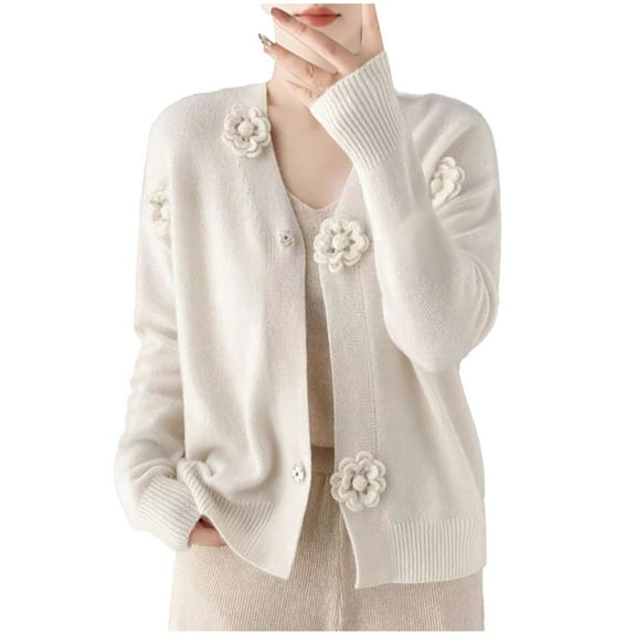 CENGNIAN No Boundarie Women's Long Sleeve Hoodless Sweater,Ladies V Neck Crop Cardigan Sweater,2 Flower Button Down Solid Tops For Women,*White,Size M