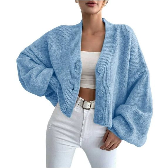 CENGNIAN No Boundarie Women's Long Sleeve Knit Cropped Sweaters,Ladies V-neck Button Down Sweater Jackets,Chunky Wide sleeves Sweater Coats For Women,*Blue,Size M
