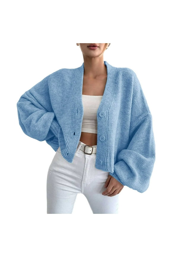 No Boundarie Women's Long Sleeve Knit Cropped Sweaters,Ladies V-neck Button Down Sweater Jackets,Chunky Wide sleeves Sweater Coats For Women,*Blue,Size M