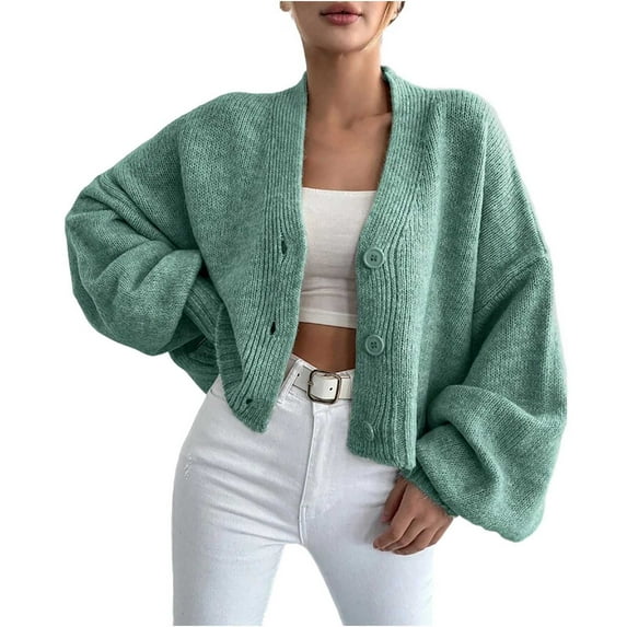 CENGNIAN No Boundarie Women's Long Sleeve Knit Cropped Sweaters,Ladies V-neck Button Down Sweater Jackets,Chunky Wide sleeves Sweater Coats For Women,*Green,Size M