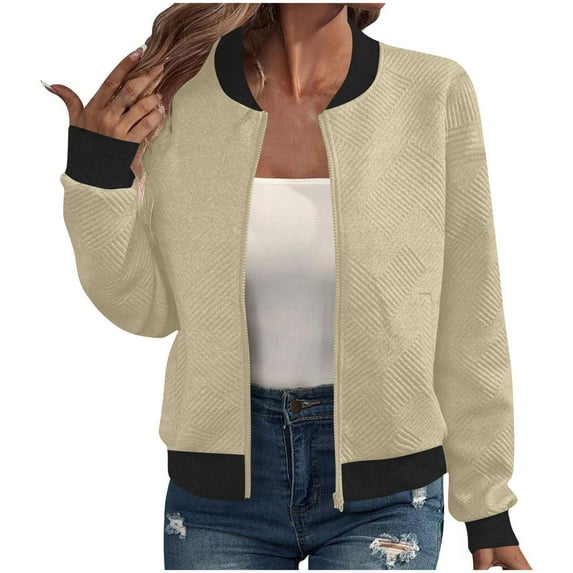 CENGNIAN No Boundarie Women's Long Sleeve Zip Up Baseball Jacket,Lightweight Stand Collar Jacket Coat For Women,Womens Coarse Knitted Sweatshirts with Pockets,*Khaki,Size XXL