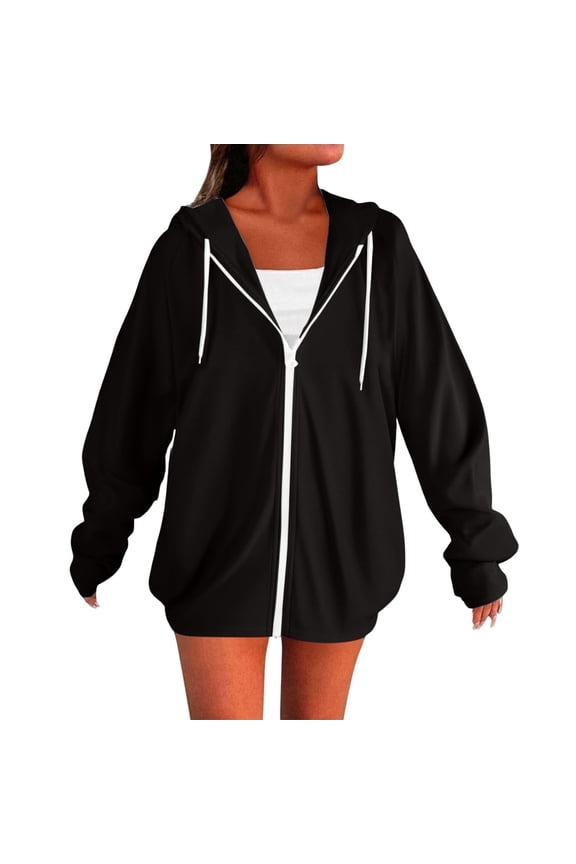 No Boundarie Women's Oversized Zip Up Hoodie,Womens Drawstring Long Sleeve Sweatshirts,Y2K Loose Blouses Side zipper With Pocket For Ladies,*1-Black,Size S