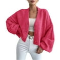thumbnail image 1 of CENGNIAN No Boundarie Women's V-neck Long Sleeved Cropped Sweater,Ladies Knitted Open Front Cardigan Sweater,Y2K Solid Button Down Outwear For Women,*Hot Pink,Size S, 1 of 8