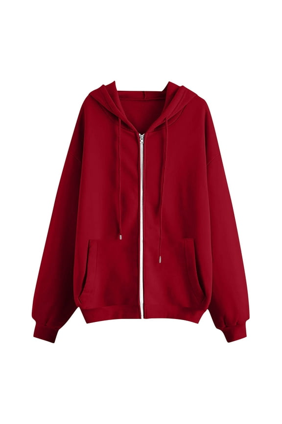 No Boundarie Women's Zip Up Long Sleeve Hoodies,Lightweight Oversized Sweatshirts For Women,Solid Color Drawstring Sweatshirt With Pockets,*Red,Size L