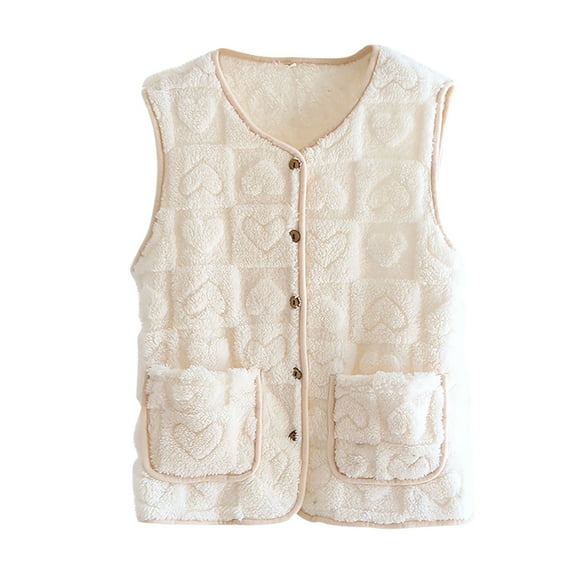 CENGNIAN Ladies Button Down Cute Heart-Patterned Outerwear,Women's Sleeveless Sweater Vest,Winter Warm Crop Jacket For Women,Beige,Size M