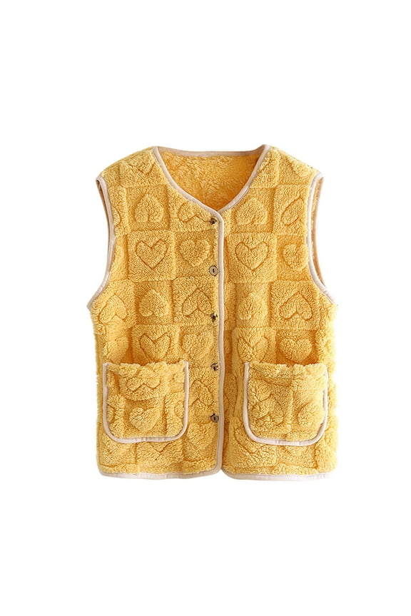 Ladies Button Down Cute Heart-Patterned Outerwear,Women's Sleeveless Sweater Vest,Winter Warm Crop Jacket For Women,Yellow,Size L