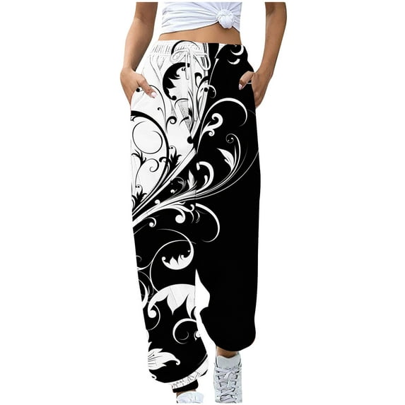 CENGNIAN Ladies' Printed And Plush Comfortable Casual Loose High Waisted Drawstring Pants With Waist And Ankle Binding Sweatpants,Multicolor,Size L
