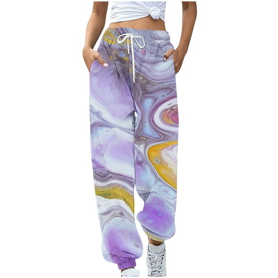 CENGNIAN Ladies' Printed And Plush Comfortable Casual Loose High Waisted Drawstring Pants With Waist And Ankle Binding Sweatpants,Multicolor,Size M