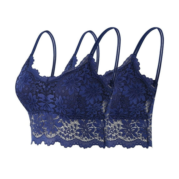 CENGNIAN Women's 2 Pack Breathable Lace Bralettes,Womens Adjustable Strap V-Neck Camisole,Ladies Wirefree Padded Crop Tops,Dark Blue,Size M