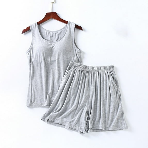 CENGNIAN Women's 2 Piece Built-in Bra Pajama Sets,Womens Sleeveless Tank Top and Shorts,Ladies Casual Soft Pockets Sleepwear Loungewears,Gray,XXXL
