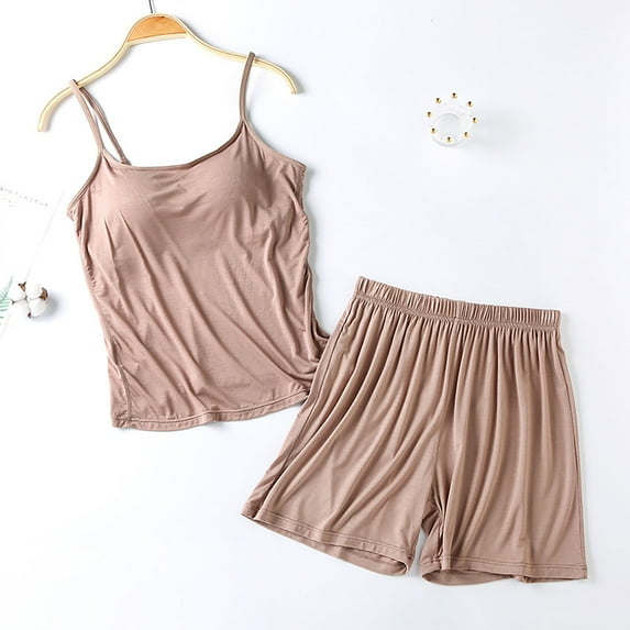 CENGNIAN Women's 2 Piece Camisole and Shorts Pajama Sets,Womens Plus Size Padded Bra Outfits,Breathable Sleepwear Loungewear For Ladies,Khaki,L