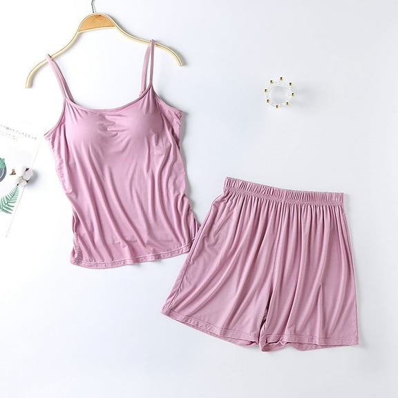 CENGNIAN No Boundaries Women's 2 Piece Camisole and Shorts Pajama Sets,Womens Plus Size Padded Bra Outfits,Breathable Sleepwear Loungewear For Ladies,Pink,M