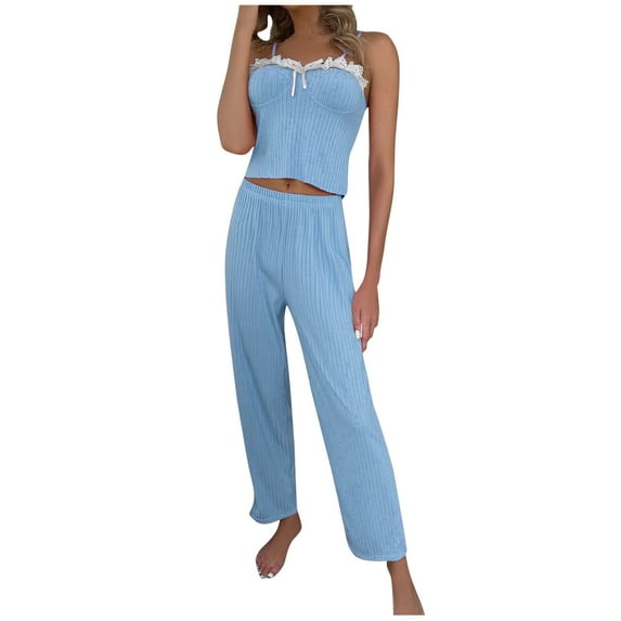 CENGNIAN Women's 2 Piece Lace Trim Ribbed Pajama Sets,Womens Cami Crop Tops And Wide Leg Pants,Y2K Sleepwear Lounge Sets For Ladies,Blue,M