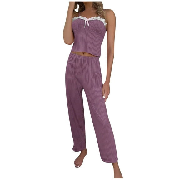 CENGNIAN Women's 2 Piece Lace Trim Ribbed Pajama Sets,Womens Cami Crop Tops And Wide Leg Pants,Y2K Sleepwear Lounge Sets For Ladies,Purple,M