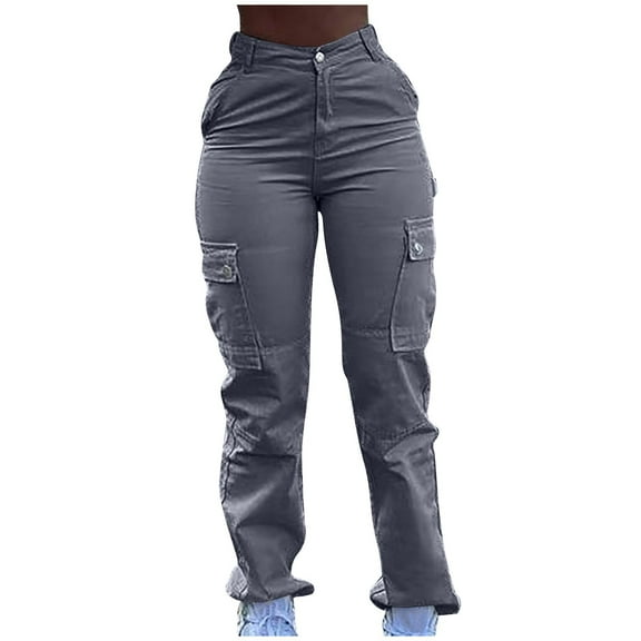 CENGNIAN Women's Butt Lift Stretch Cargo Jeans,Girl's Straight Leg Jogger Denim Pants,Trendy Y2K Streetwear Trousers for Women with 2 Flap Pockets,Gray,S