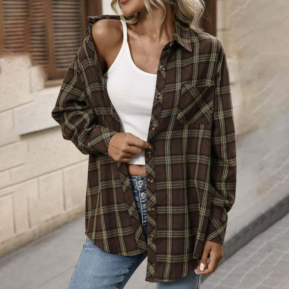 CENGNIAN No Boundaries Women's Colorful Plaid Boyfriend Shirt Tops,Flannel Long Sleeve Tops For Women,Ladies Cuffed Classic Blouses with Chest Pockets,Multicolor,Size S