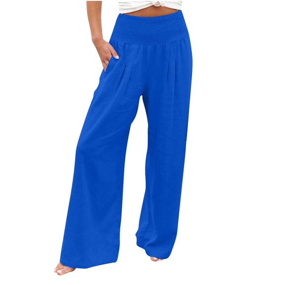 CENGNIAN No Boundaries Women's Cottn Linen Petal Belt Pants,Pull On Beach Lounge Trousers For Women,Ladies Summer Palazzo Outfits with Pockets Travel Vacation,Klein Blue,Size S