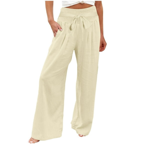 CENGNIAN No Boundaries Women's Drawstring Breathable Palazzo Pants,High Waisted Wide Leg Trousers For Women,Ladies Flowy Lounge Pants with Pockets,Beige,Size XXL