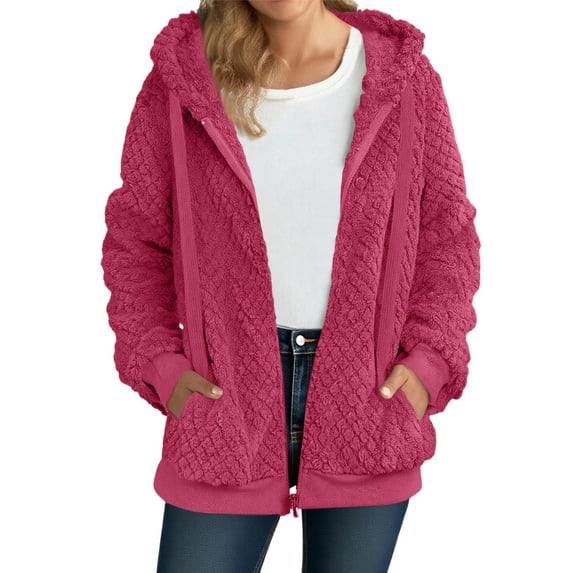 CENGNIAN Women's Drawstring Zipper Up Coats,Lightweight Hooded Jackets For Women,Ladies Winter Quilted Fleece Outerwears With Pockets,Hot Pink,Size XL