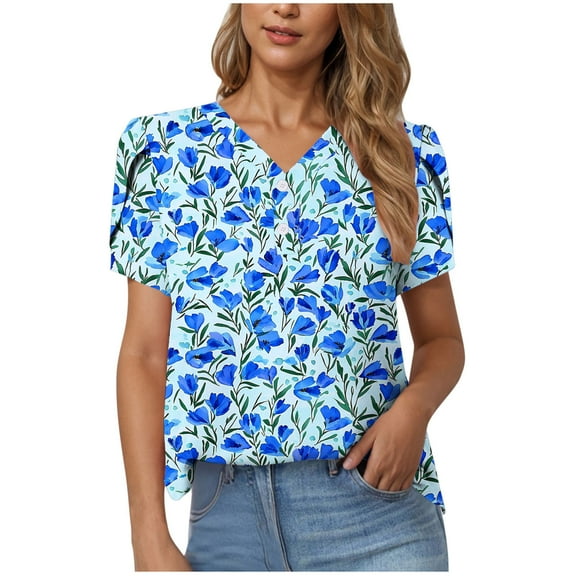 CENGNIAN No Boundaries Women's Floral Print Button Down Shirt,Women's V-Neck Short Sleeve Blouse,Breathable Dressy Casual Tunic Tops For Ladies ,Blue,Size S