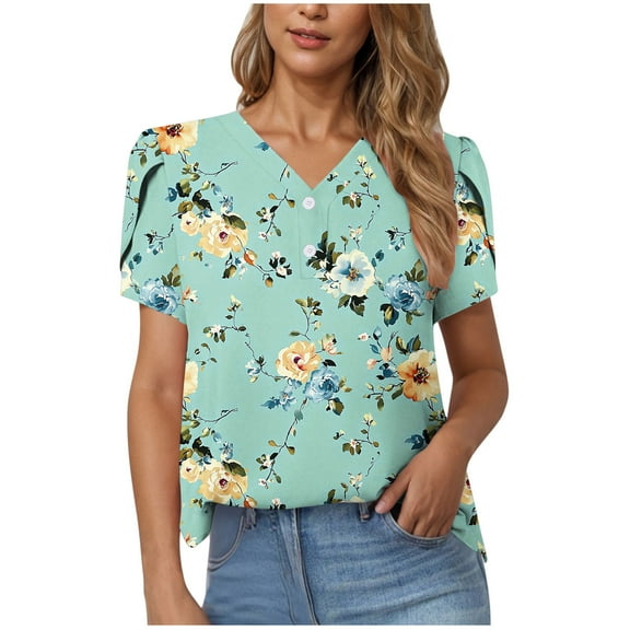 CENGNIAN No Boundaries Women's Floral Print Button Down Shirt,Women's V-Neck Short Sleeve Blouse,Breathable Dressy Casual Tunic Tops For Ladies ,Green,Size M